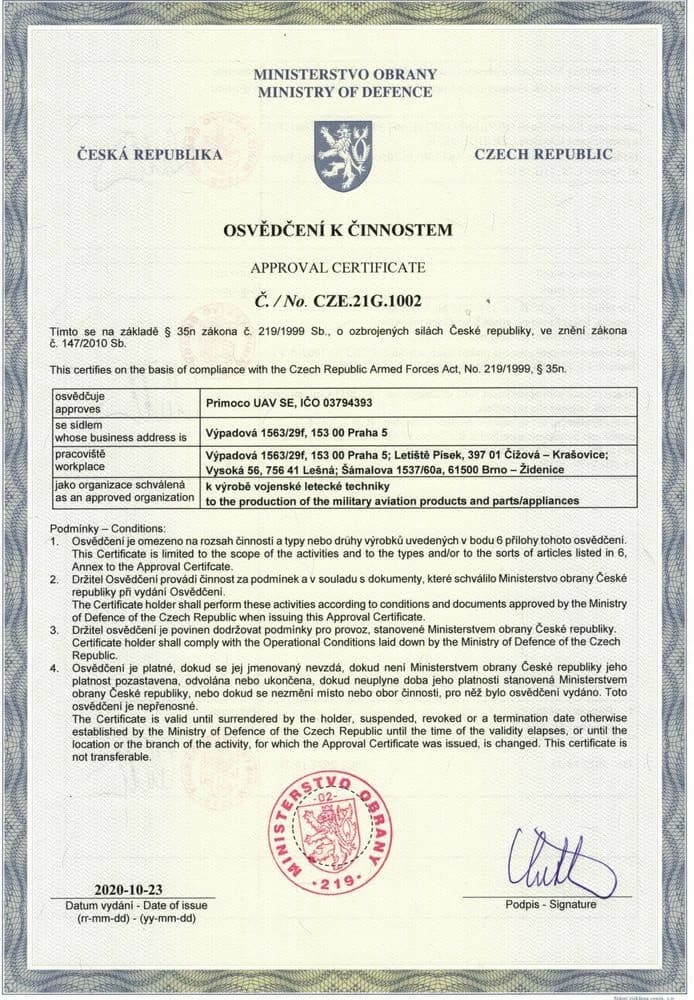 Osvedceni k cinnosti od Ministerstva obrany